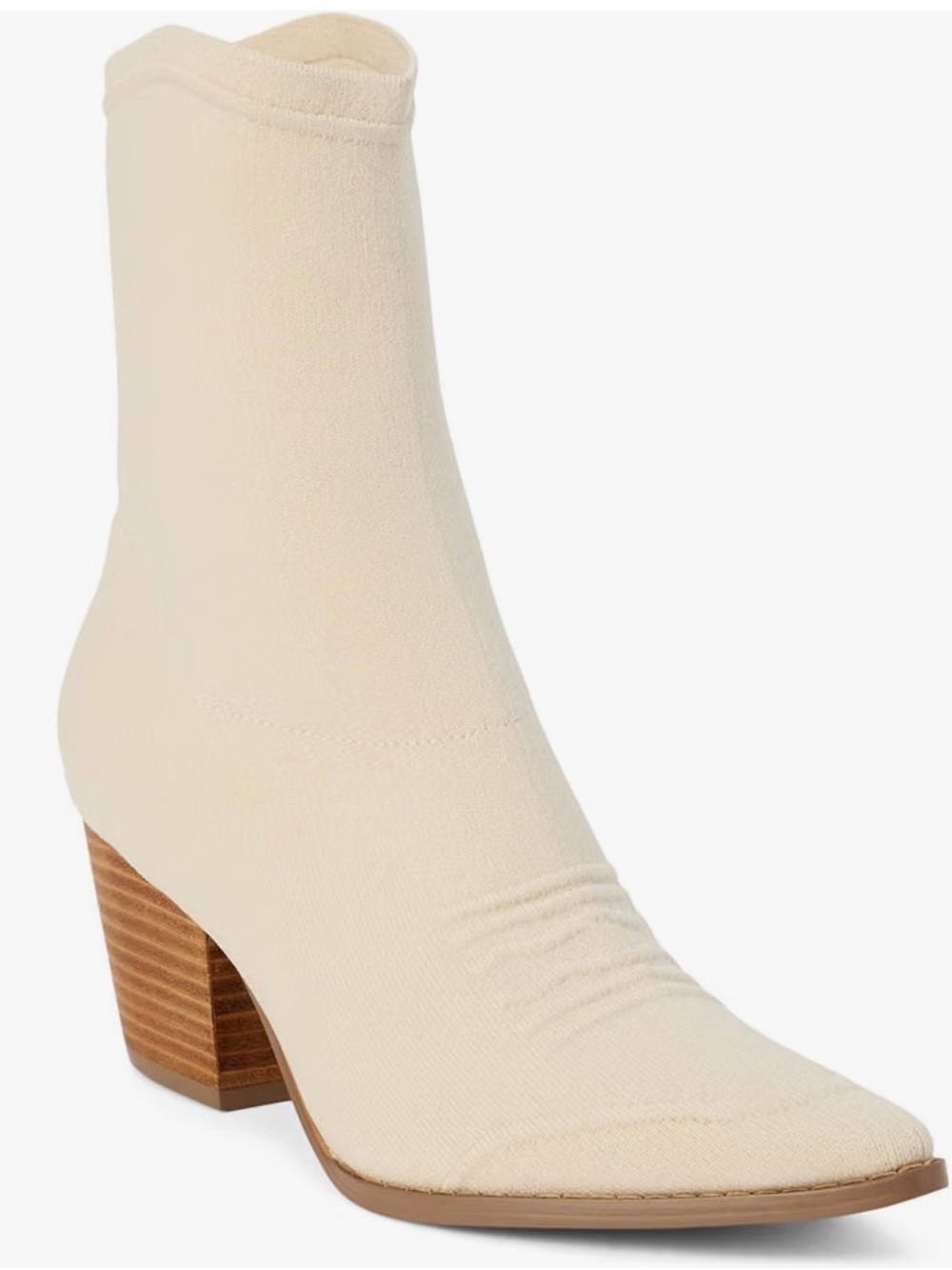 Matisse Lynne boot: Cream Stretch Fabric Ankle Boot with Stacked Heel